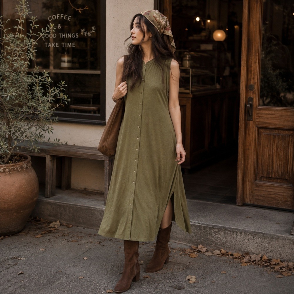 Eileen Fisher Olive Green Sleeveless Button Down Midi Dress Viscose Stretch Med